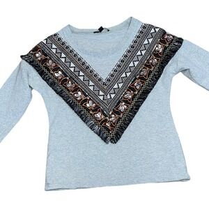 Boston Proper Size XS Women's Embroidered Sequin Fringe Sweatshirt Western Boho